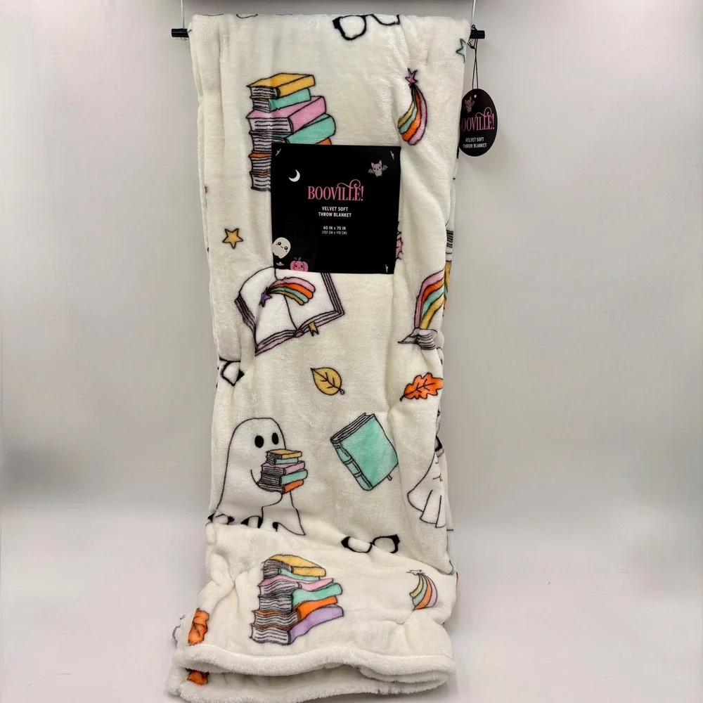 Booville! Halloween Velvet Soft Throw Blanket Ghost Bookworm Rainbow Bibliophile